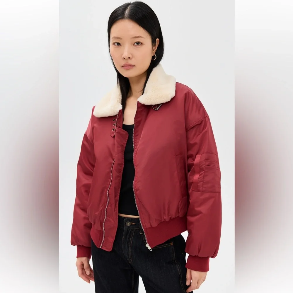 Lioness Burgundy Bomber Jacket with Cream Collar - Picture 1 of 6